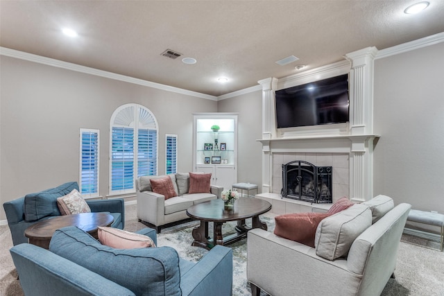 7021 Castle Creek Ct, Fort Worth, TX 76132 - living room with visible vents, ornamental molding, carpet floors, baseboards, and a tiled fireplace