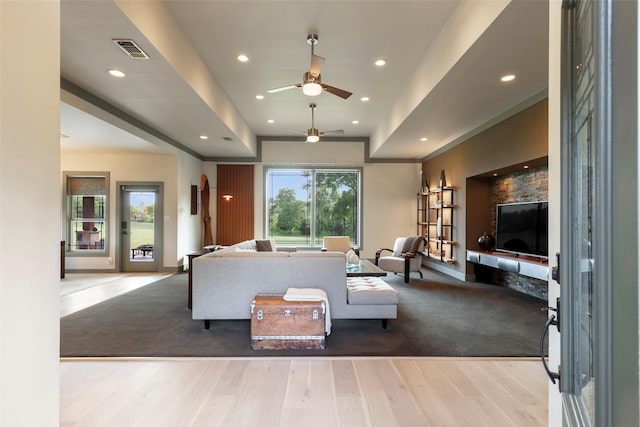 1228 Miller Rd, Melissa, TX 75454 - living area featuring a ceiling fan, wood finished floors, visible vents, and recessed lighting