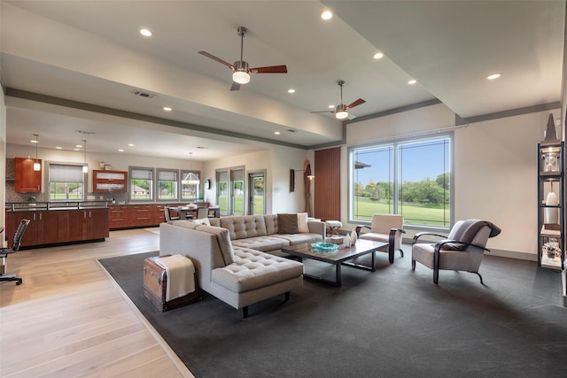 1228 Miller Rd, Melissa, TX 75454 - living room with recessed lighting, light wood-style floors, visible vents, and a ceiling fan