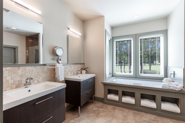 1228 Miller Rd, Melissa, TX 75454 - bathroom with a shower stall, decorative backsplash, a sink, and visible vents
