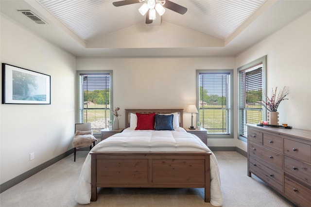 1228 Miller Rd, Melissa, TX 75454 - bedroom with vaulted ceiling, visible vents, light carpet, baseboards, and ceiling fan