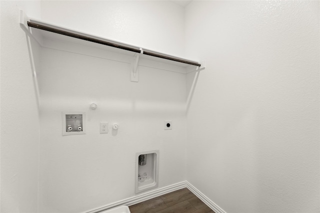 917 Janwood Dr, Plano, TX 75075 - washroom featuring gas dryer hookup, hookup for an electric dryer, dark wood-style flooring, hookup for a washing machine, and baseboards