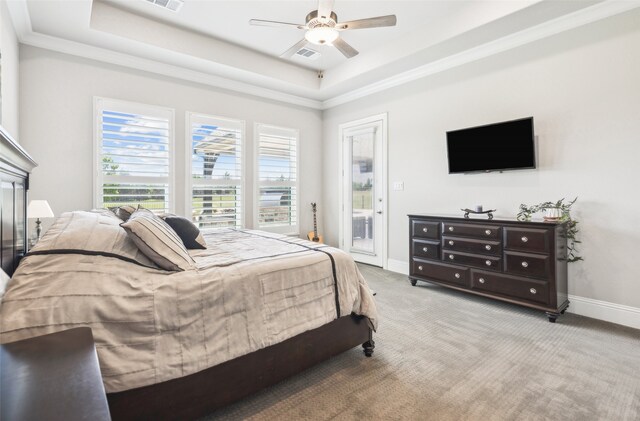 bedroom with a tray ceiling, access to exterior, visible vents, baseboards, and light colored carpet