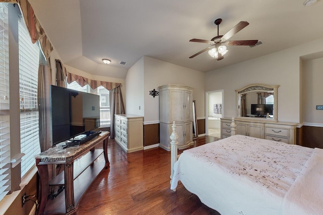 4001 Dellman Dr, Fort Worth, TX 76262 - bedroom featuring visible vents, baseboards, ceiling fan, and dark wood-style flooring