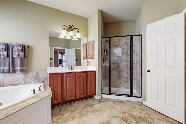 4001 Dellman Dr, Fort Worth, TX 76262 - full bath featuring a bath, an inviting chandelier, vanity, and a stall shower