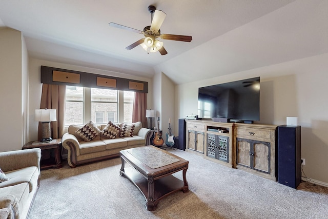 4001 Dellman Dr, Fort Worth, TX 76262 - living room with lofted ceiling, a ceiling fan, baseboards, and carpet