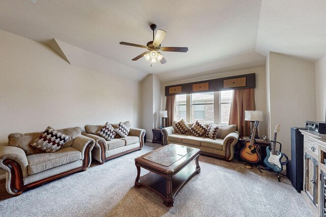 4001 Dellman Dr, Fort Worth, TX 76262 - living area featuring lofted ceiling, a ceiling fan, and light colored carpet