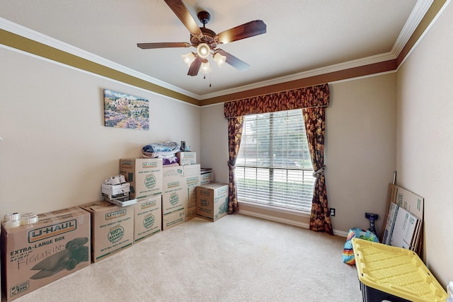 4001 Dellman Dr, Fort Worth, TX 76262 - rec room featuring carpet flooring, crown molding, baseboards, and ceiling fan