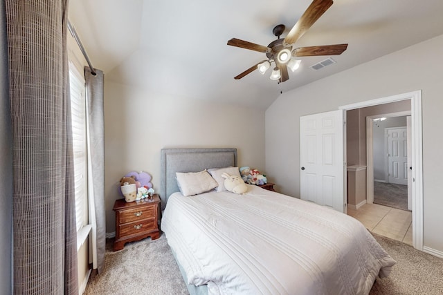 4001 Dellman Dr, Fort Worth, TX 76262 - bedroom featuring vaulted ceiling, visible vents, a ceiling fan, and light carpet