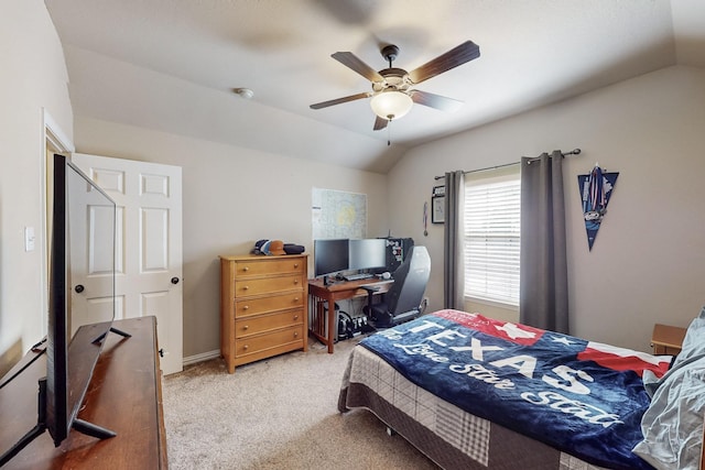 4001 Dellman Dr, Fort Worth, TX 76262 - bedroom with lofted ceiling, a ceiling fan, and light colored carpet