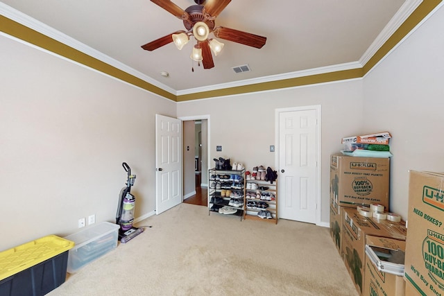 4001 Dellman Dr, Fort Worth, TX 76262 - rec room featuring light carpet, a ceiling fan, visible vents, and crown molding