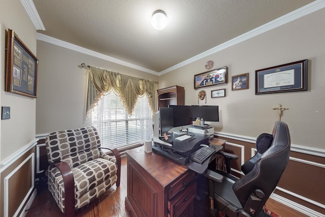 4001 Dellman Dr, Fort Worth, TX 76262 - home office with dark wood-type flooring, a textured ceiling, a wainscoted wall, and ornamental molding