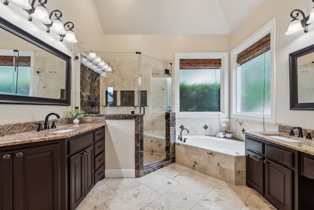 881 Saint James Ct, Fairview, TX 75069 - full bathroom featuring vaulted ceiling, a shower stall, a garden tub, and two vanities