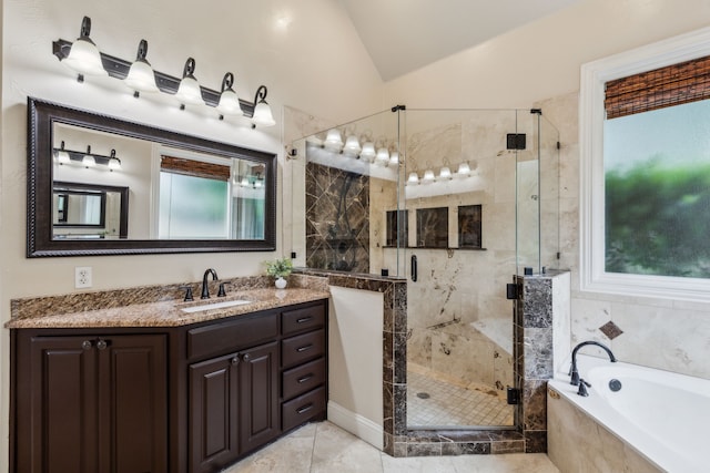 881 Saint James Ct, Fairview, TX 75069 - full bathroom featuring a bath, lofted ceiling, healthy amount of natural light, and a stall shower