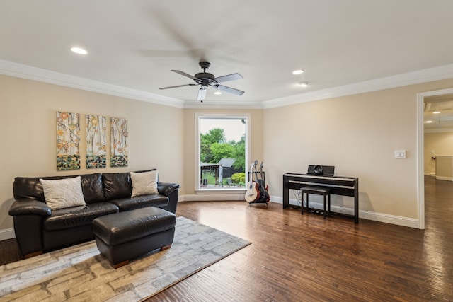 881 Saint James Ct, Fairview, TX 75069 - living room featuring recessed lighting, ornamental molding, wood finished floors, a ceiling fan, and baseboards