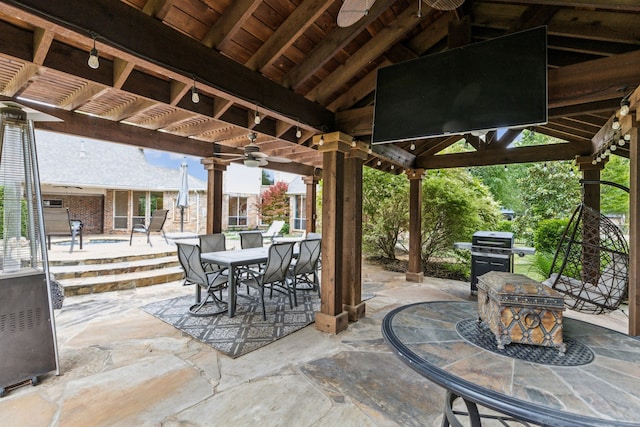 881 Saint James Ct, Fairview, TX 75069 - view of patio / terrace featuring outdoor dining area, a grill, a ceiling fan, and a pergola