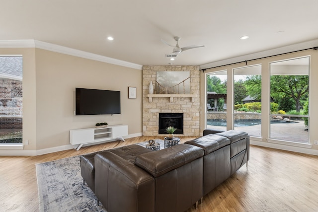 881 Saint James Ct, Fairview, TX 75069 - living room featuring a ceiling fan, baseboards, ornamental molding, light wood finished floors, and recessed lighting