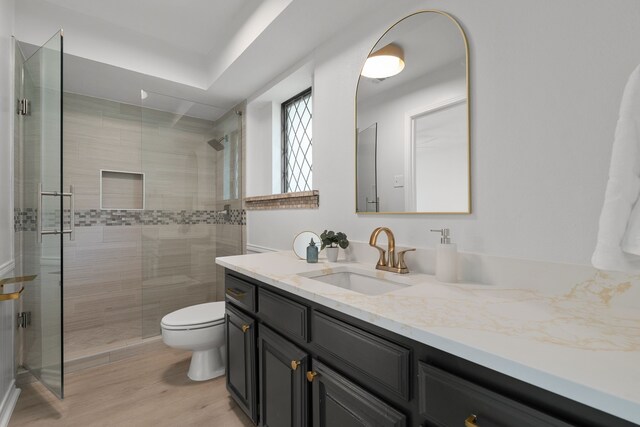 bathroom with vanity, wood finished floors, toilet, and a stall shower