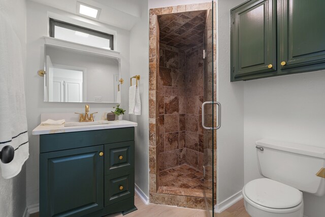 bathroom with wood finished floors, toilet, vanity, baseboards, and a stall shower