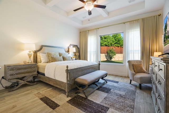 318 Waters Edge Dr, Argyle, TX 76226 - bedroom with coffered ceiling, beam ceiling, visible vents, and light wood-style flooring