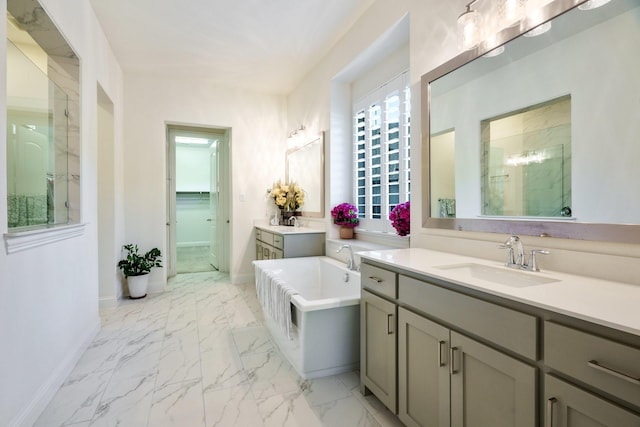 318 Waters Edge Dr, Argyle, TX 76226 - full bath featuring a shower stall, a sink, a bathtub, marble finish floor, and baseboards