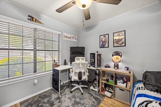 office featuring wood finished floors, a wealth of natural light, baseboards, and ceiling fan
