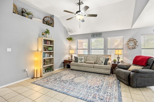 tiled living room featuring high vaulted ceiling, ceiling fan, baseboards, and visible vents