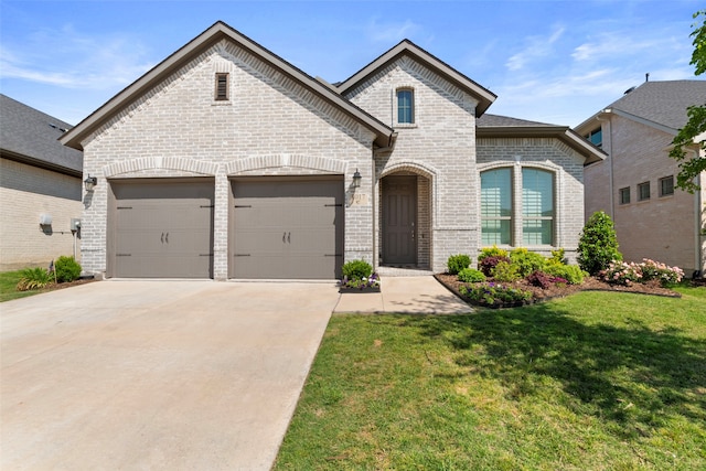 french country home featuring brick siding, an attached garage, a front yard, and concrete driveway