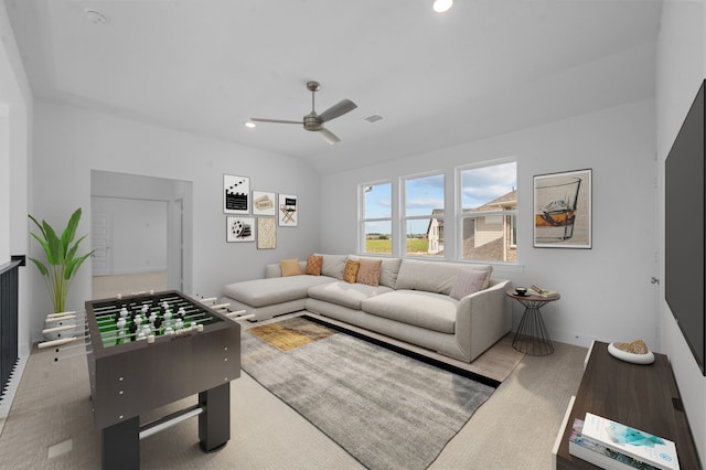 3541 Wardie Pl, Frisco, TX 75033 - living room with vaulted ceiling, visible vents, recessed lighting, and ceiling fan
