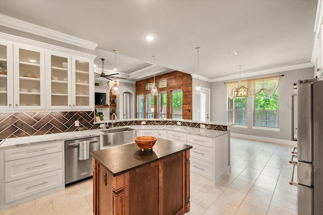 212 Rock Tree Ct, Mansfield, TX 76063 - kitchen featuring appliances with stainless steel finishes, a sink, tasteful backsplash, plenty of natural light, and crown molding