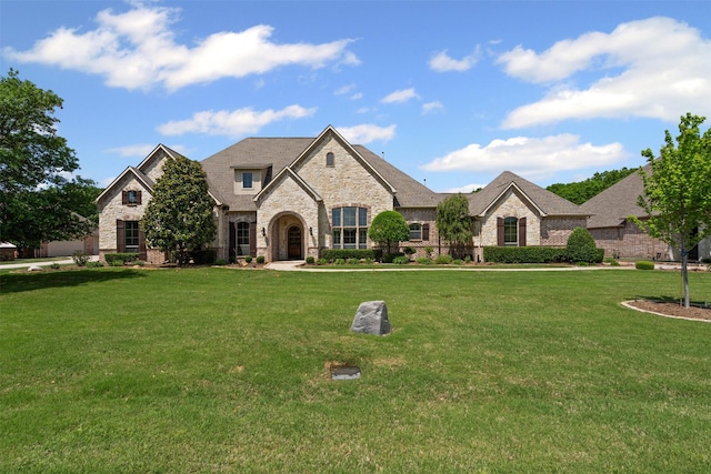 french provincial home featuring a front lawn, brick siding, and stone siding