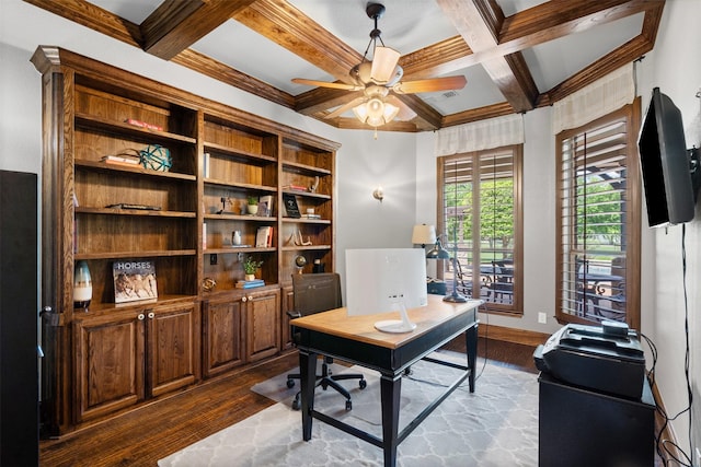 home office featuring beamed ceiling, a ceiling fan, dark wood-style floors, and coffered ceiling