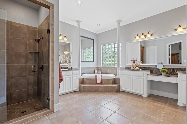 bathroom with tile patterned floors, a stall shower, a bath, vanity, and ornamental molding