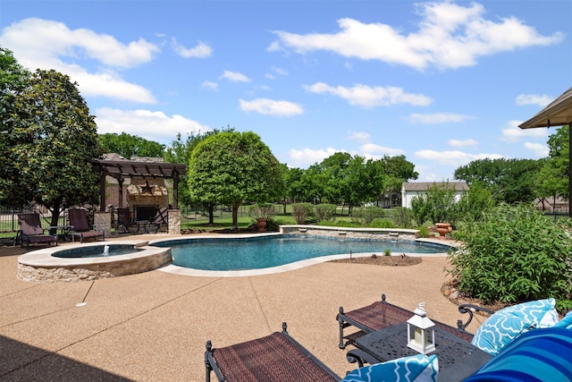 view of pool featuring a pergola, a patio area, a pool with connected hot tub, and fence
