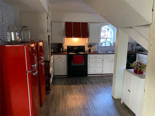 242 Club Park Ct, East Tawakoni, TX 75472 - kitchen featuring dark countertops, dark wood-style floors, backsplash, and black appliances