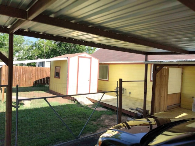 view of shed with a fenced backyard