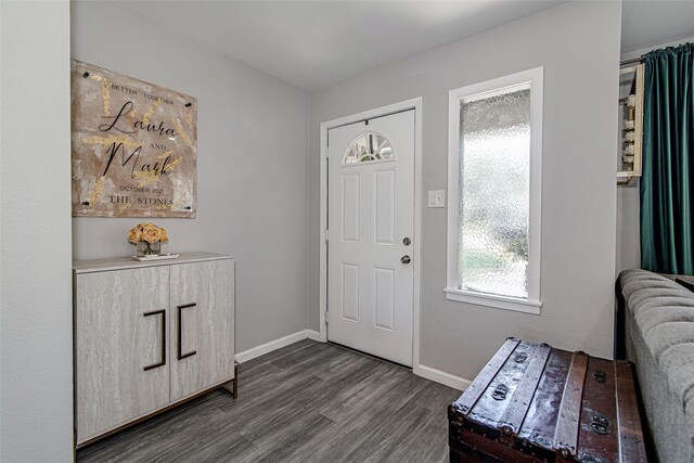 entryway with baseboards and dark wood-type flooring