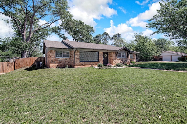 ranch-style house with brick siding, a garage, a front lawn, and fence