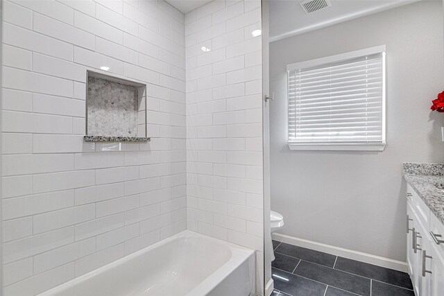full bathroom featuring tile patterned flooring, visible vents, toilet, vanity, and baseboards