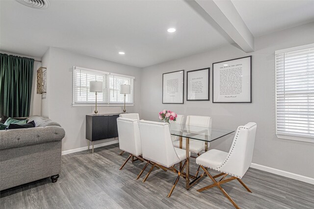 dining space featuring baseboards, wood finished floors, and plenty of natural light