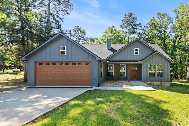 504 Kings Country Blvd, Scroggins, TX 75480 - modern inspired farmhouse with an attached garage, a chimney, roof with shingles, and concrete driveway
