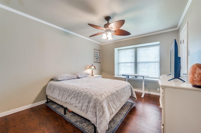 2307 Castle Rock Rd, Carrollton, TX 75007 - bedroom featuring baseboards, dark wood finished floors, ornamental molding, and ceiling fan