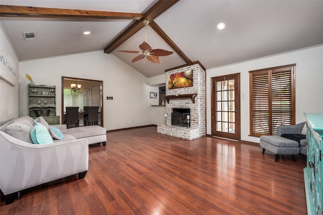 2307 Castle Rock Rd, Carrollton, TX 75007 - living area with a brick fireplace, plenty of natural light, wood finished floors, a ceiling fan, and recessed lighting