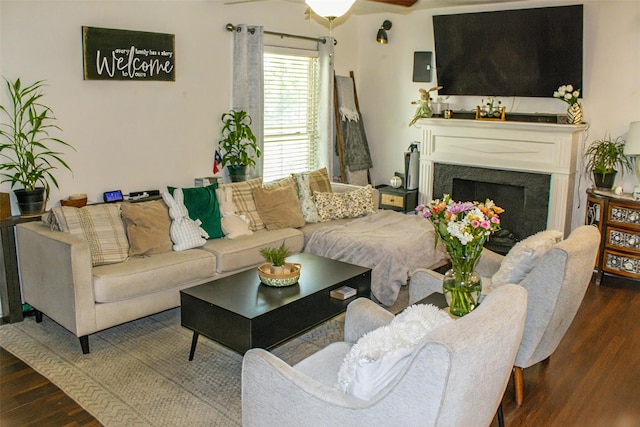 4024 Calmont Ave, Fort Worth, TX 76107 - living area with a fireplace, wood finished floors, and ceiling fan