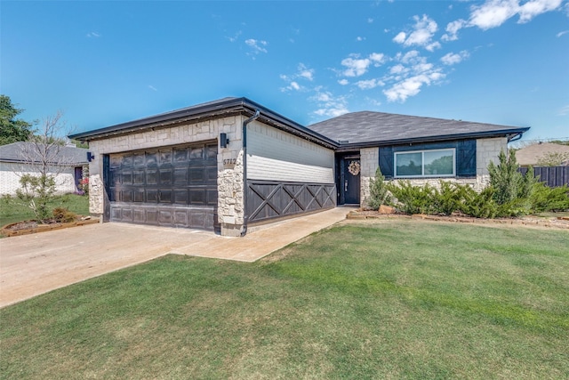 ranch-style home featuring a garage, stone siding, and a front lawn