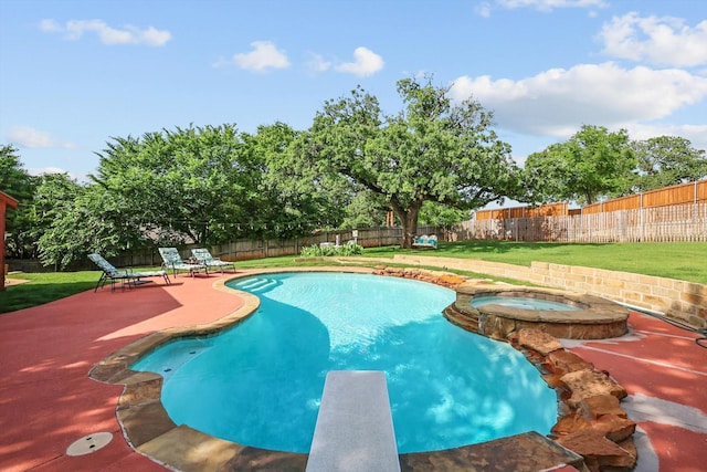 view of pool featuring a fenced backyard, a patio, a diving board, and a lawn