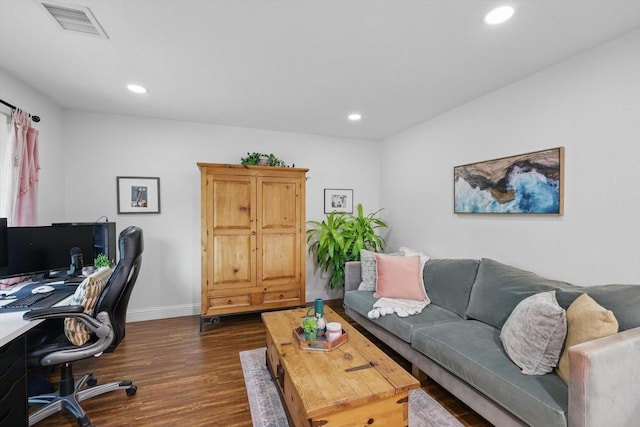 office with recessed lighting, baseboards, visible vents, and dark wood-type flooring