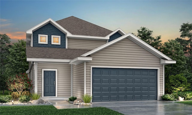 traditional-style home with a shingled roof, driveway, and a garage