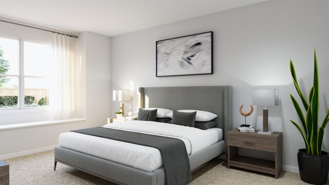 bedroom with baseboards, carpet, and multiple windows
