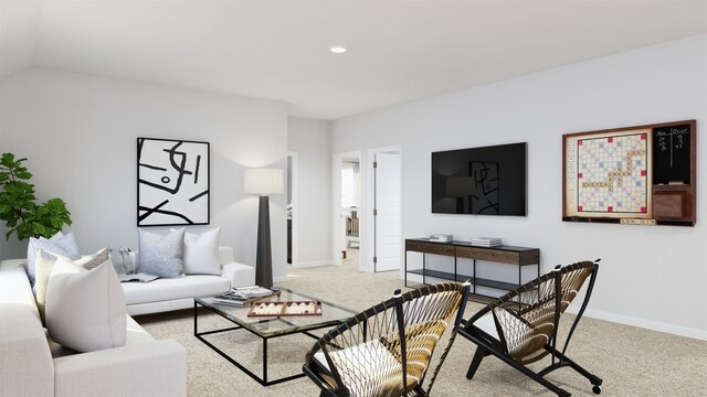 carpeted living area with baseboards